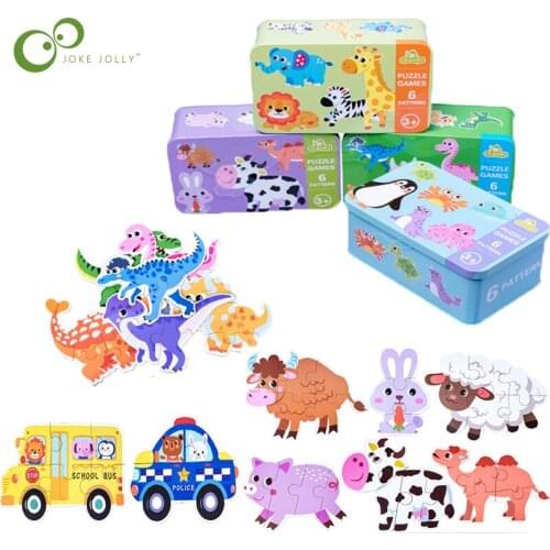 Baby Kids Cognition Puzzles Toys Cartoon Traffic Animal Cognition Puzzles Toys Baby Iron Box Cards Matching Education Game ZXH