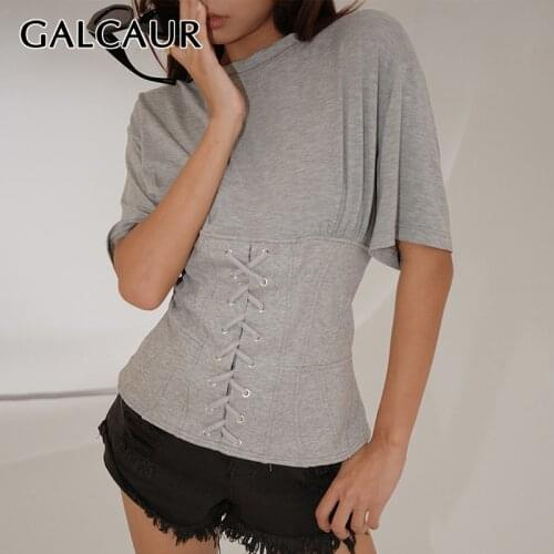 GALCAUR Gray T Shirt For Women O Neck Short Sleeve High Waist Patchwork Cross Bandage Skinny Solid T Shirts Female 2021 Clothing