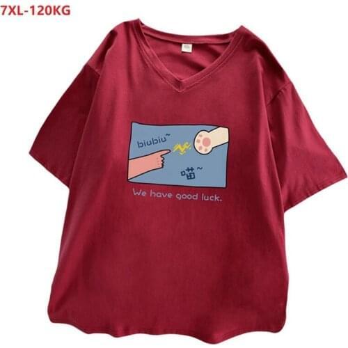 Summer funny cat t-shirt women short sleeve Creativity tees plus size 7XL Female loose oversize cotton v-neck tops 50 52 54 red