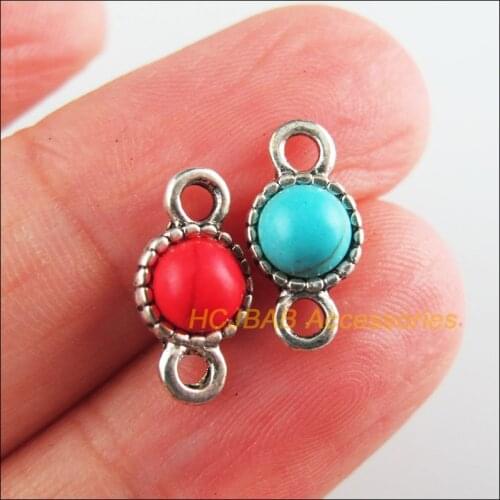 Fashion 25Pcs New Round Charms Tibetan Silver Tone Red & Blue Stone Flower Connectors 7x13.5mm
