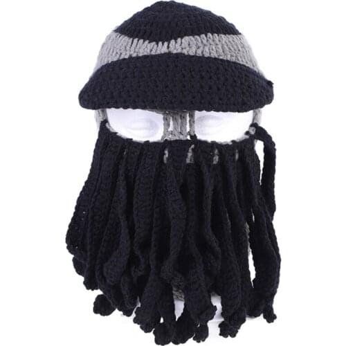 Men Women Funny Crochet Knit Beard Octopus Hat Neon Solid Color Winter Warm Windproof Cosplay Tentacle Pirate Beanie Cap