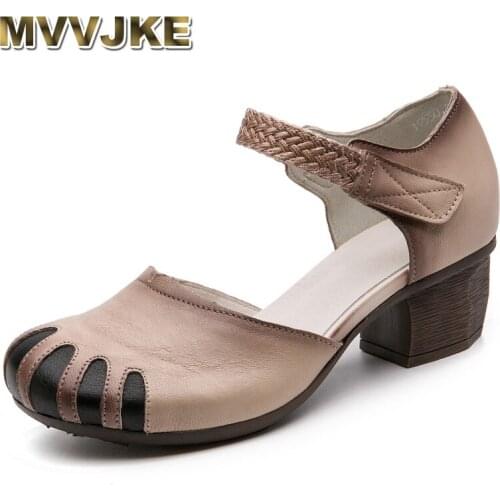 MVVJKE Summer Women Sandals 2020 New Ethnic Retro Genuine Leather Comfortable Thick High Heels Sandals Women Shoes