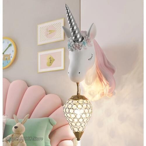 Nordic Simple Lovely Unicorn Led Wall Lamp Bedroom Bedside Lamp Girl Pink Creative Room Sconce Wall Lights Cartoon Unicorn Lamp