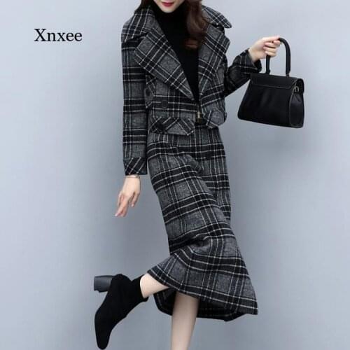 2021 New Autumn and Winter Womens Skirt Suit Woolen Fashionable Plaid Suit Jacket Short Casual High Waist Skirt Suit Two-Piece