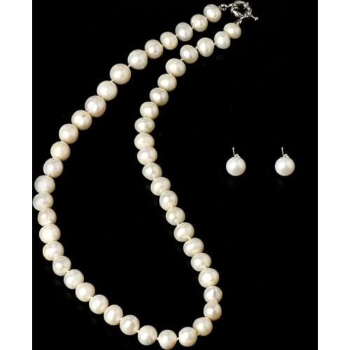 Real pearl necklace 9-10MM Beads Freshwater pearl Necklace and pearl Earrings Suit With Deeper glossy white Women and girl gift