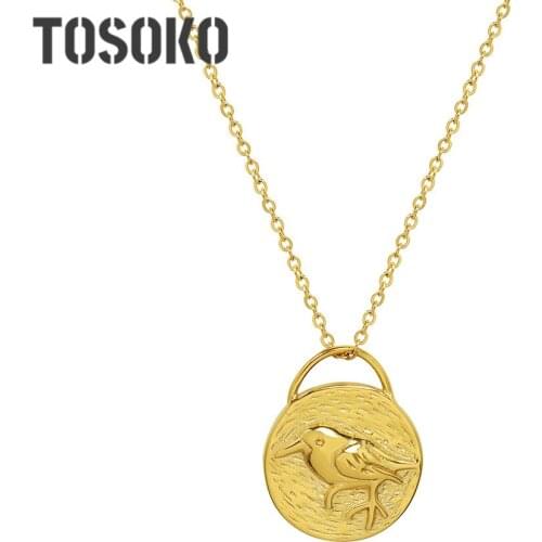 TOSOKO Stainless Steel Jewelry Animal Bird Dolphin Double-Sided Pendant Necklace Womens Fashion Clavicle Chain BSP1102