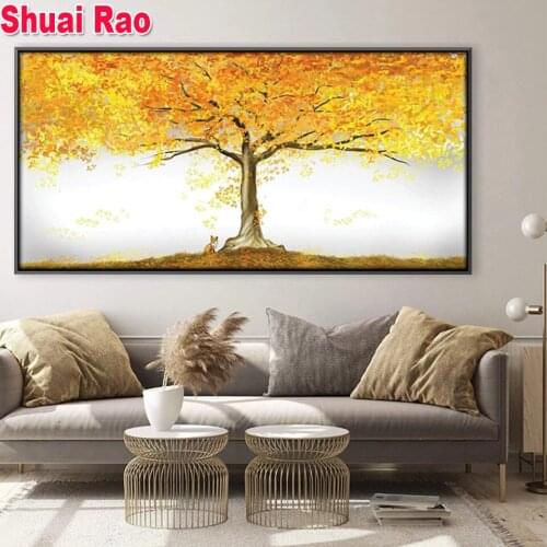 Full Square/Round Diamond Painting Yellow Big Tree Home Decorative 3d Pictures,5D Diy Diamond Embroidery Landscape, B111