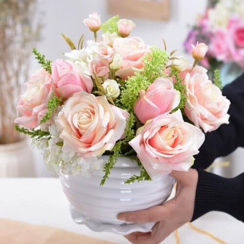 Modern Home Ceramic Vase+Artificial Flower Set Figurines & Miniatures Decoration Office Coffee Desktop Fake Flower Pot Ornament