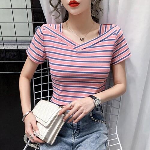 Striped T Shirt Women Cotton Elasticity Summer Tops 2020 V-Neck Short Sleeve Woman Clothes Tshirt Korean Fashion Tee Shirt Femme