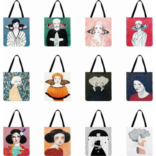 Woman Shoulder Bag Art Print Tote Bag Linen Fabric Shopping Bag Butterfly Girl Painting Casual Totes Reusable Outdoor Beach Bag