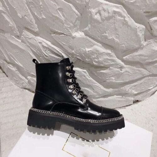 Women Black Lace-Up polish Leather Luxury Motorcycle Boots Ankle Zipper Chain-link Accents Round Toe Winter martin combat Boots
