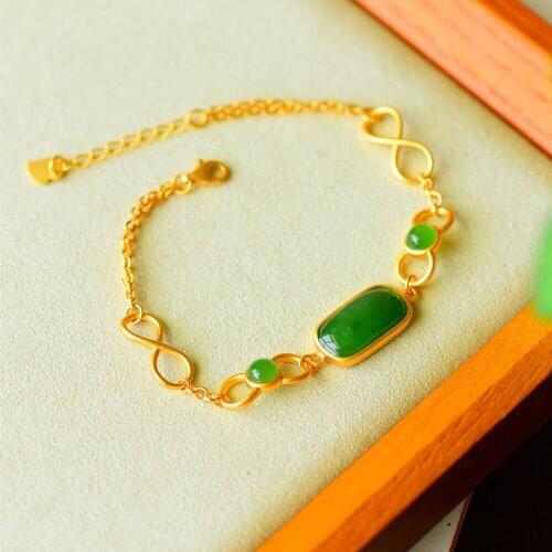 925 Sterling Silver Gold-Plated Inlaid Natural Hetian Jasper Bracelet Womens Fashion Simple Square Jewelry Goddess Bracelet