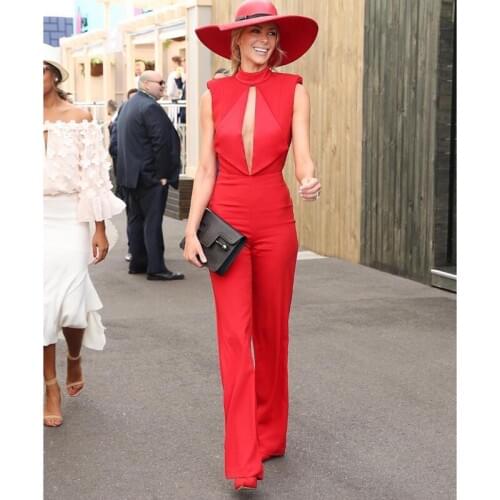 2017 New Fashion Runway Red Key Hole Backless Women Celebrity Party Wholesale Women Jumpsuit