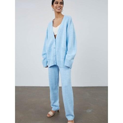 Cardigan Sweater & Lace-up Skinny Pants Casual Women Knitted Sets Autumn Winter Ladies Loose 2 Pieces Set Sexy V Nexk