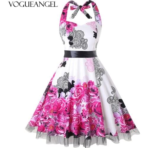 Elegant Summer Dress Women Sexy Halter Skull Flower Polka Dot Printed Casual Rockabilly Retro vestido de festa midi renda