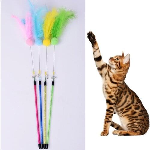 1 pcs Colorful Feather ball Cat Toys Funny With Bells Beads Kitten Interactive Plastic Stick Cat Wand Toys Pet Cat Supplies