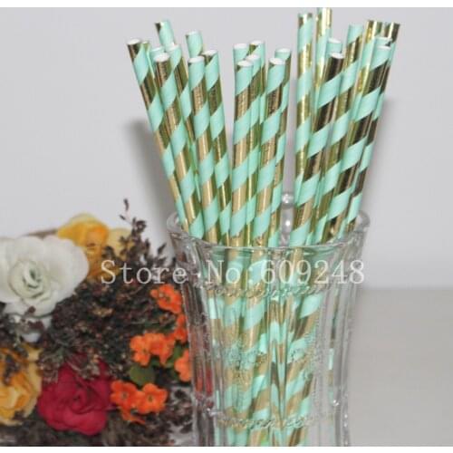 100pcs Mint and Gold Foil Striped Paper Straws,Vintage Wedding Birthday Holiday Party Decor,Craft Retro Mason Jar Straws Bulk