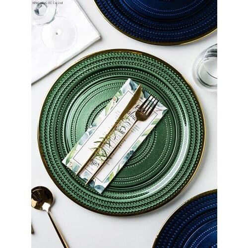 13 Inch Glass Plate Nordic Light Luxury Golden Rim Blue Steak Plate Household Round Restaurant Serving Plate Kitchen Tableware