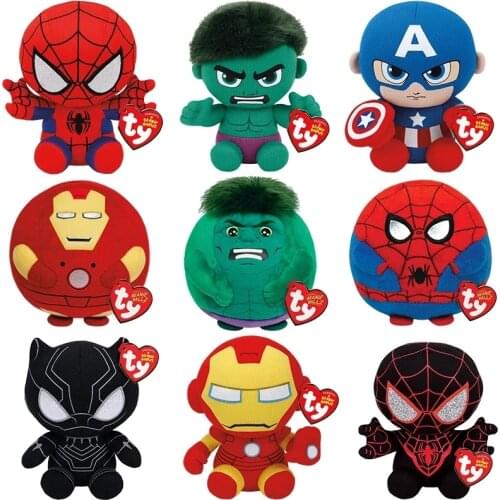 15 CM Ty Beanie Big Eyes Spider-Man Hulk Iron Man Black Panther Captain America Plush Toy Stuffed Hero Doll Kid Birthday Gift