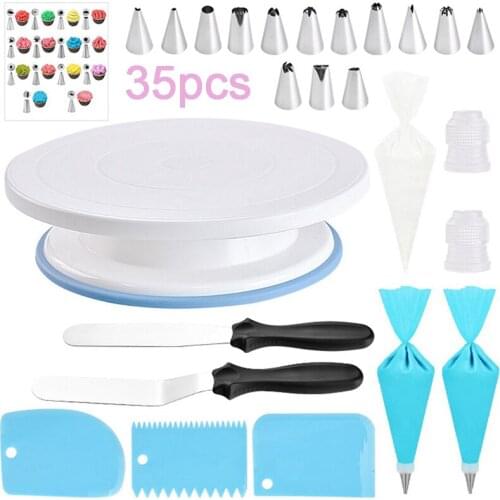 35Pcs/set Cake Turntable Cake Decorating Supplies Baking Tools Set Rotary Table Baking Tool Piping Bag Set for Cake