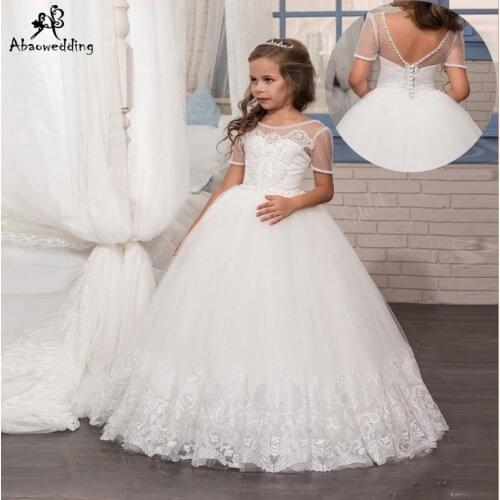 White Flower Girls Dresses with Short Sleeves Lace Little Girls Dress Appliques Tulle First Communion Dresses for Girls