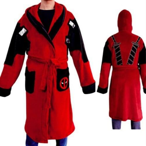 Anime Cosplay Anti-hero Deadpool Costume Bathrobe Flannel Warm Nightgown Robe Hooded Pajamas Men Winter Sleepwear C100M103