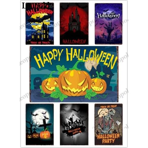 Metal Poster Retro Halloween Party Metal Poster Pumpkin Letter Holiday Wall Art Bar Cafe Home Decoration Accessories 20X30Cm