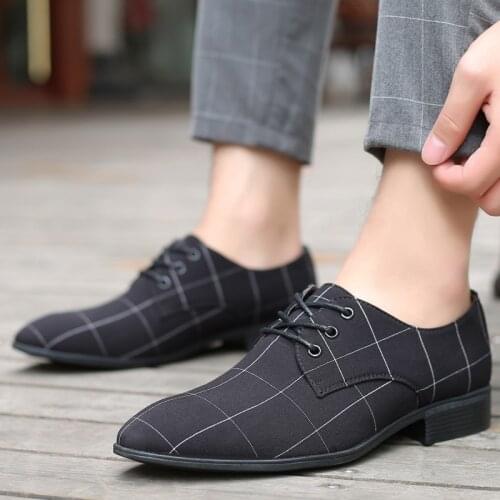 Men Classic Business Shoes Man Dress Shoes Fashion Canvas Pointed Toe Lace-Up Formal Wedding Shoes Men Black Lattice Derby Shoes
