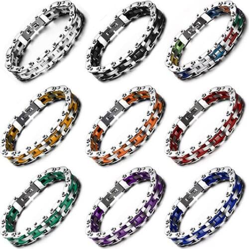 Men Heavy Jewelry Bicycle/Motorcycle Chain Bracelet 8 Color Stainless Steel Link Bracelets Men Cuff Wristband Silicone Bracelets
