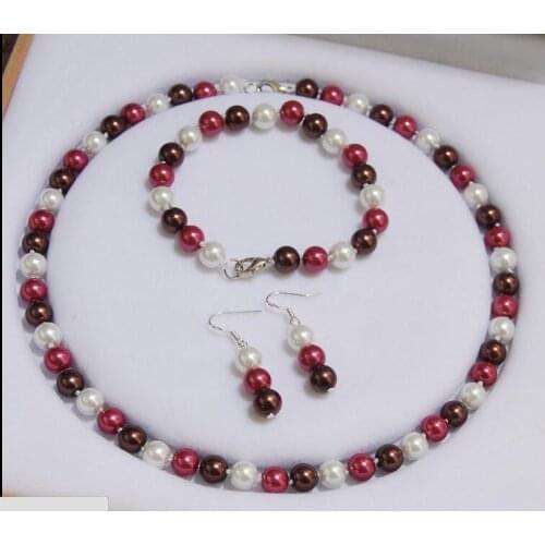 Women Jewelry Set 8mm round bead white brown red mixed real natural south sea shell pearl necklace dangle hook earring bracelet