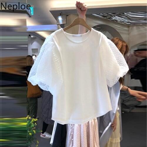 Neploe Dot Mesh Patchwork T Shirts Women Summer 2021 Fashion O Neck Puff Sleeve Female Tops Loose Casual Ladies Tees 1B177