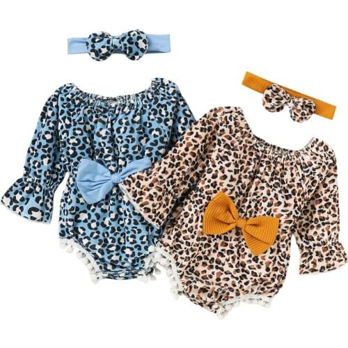 New Infant Long Sleeve Romper + Bow Headband, Leopard Print Ruffle Decoration Spring Clothing