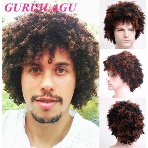 GURUILAGU Afro Kinky Curly Wigs for Black Men Short Wig Male Synthetic Hair Cosplay Wig Heat Resistant Fiber Brown Black Wig
