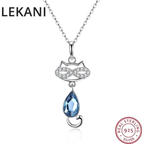 LEKANI Cute Kitty Pendants Necklaces Crystals From Swarovski 925 Sterling Silver Fine Cat Jewelry For Girls Women Accessories