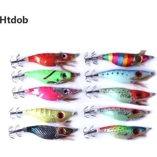 Htdob 10Pcs 10cm 8g Big Eyes Light Wood Shrimp Squaid Lure Jigs Lures Squid Jigs Hook Mixed Artificial Shrimp Octopus Cuttlefish