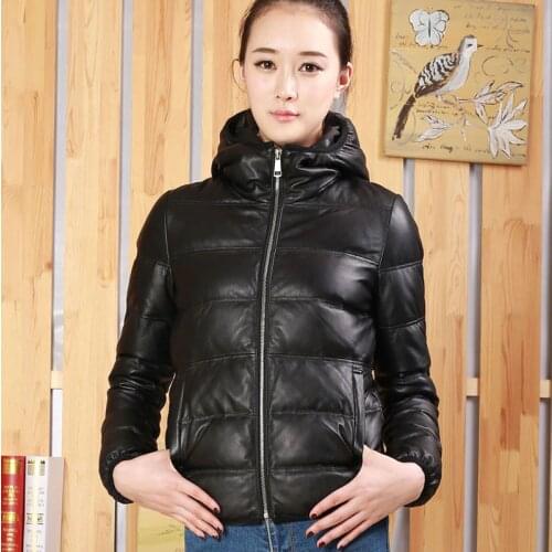Winter Womens Windproof Real Sheep Leather Down Coat Female Hooded Collar Warm Down Jacket Waterproof Leather Parkas F2506
