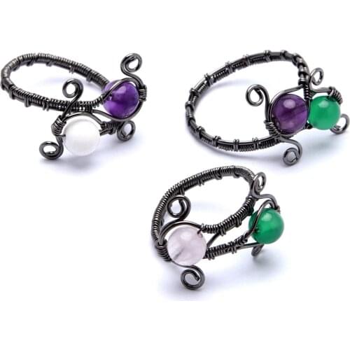 Adjustable Natural Stones Open Ring Coil Winding 2 Pcs Crystal Beads Healing Crystal Handmade Crafts Valentine Present