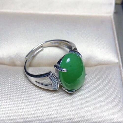 S925 Silver Inlaid Natural Hetian Jade Jasper Ring Live Mouth Ring Yang green Simple Ring