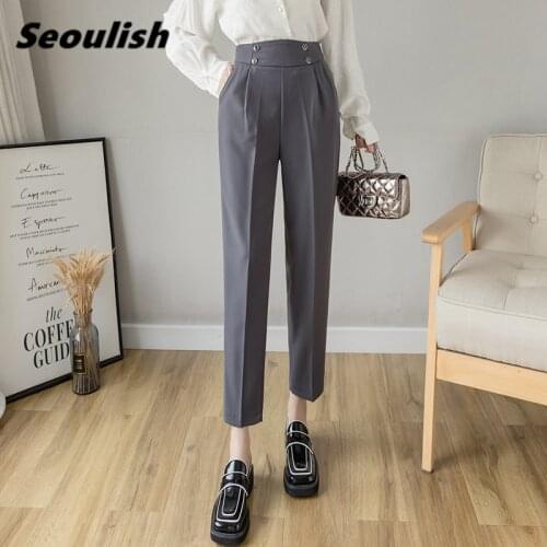 Seoulish 2021 New Button Formal Womens Harem Pants Spring Summer Black High Waist Female Workwear Elegant Ankle Length Trouses