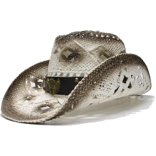 LUCKYLIANJI Retro Womens Mens Summer Straw Beach Wide Brim Cowboy Western Cowgirl Hat Hollow Two Guns Sign Leather Band(58cm)