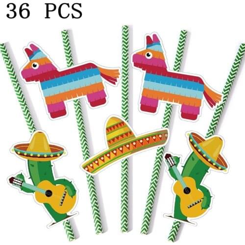 36pcs Party Straws Mexican Party Decorations Cinco de Mayo Cactus Sombrero Pinata Cards Paper Straws Birthday Party Supplies