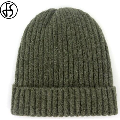 FS ArmyGreen Black Gray Thick Wool Knitted Hats Skullies Beanies Flanging For Women Ladies Unisex Autumn Winter Warm Female Caps