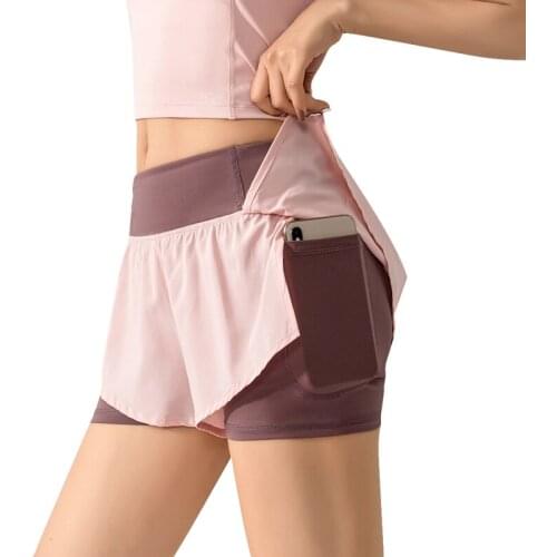 2021 Women Gym Double Shorts Side Pocket Running Shorts Breathable Quick Dry Yoga Women Shorts Workout Fitness Sportwear