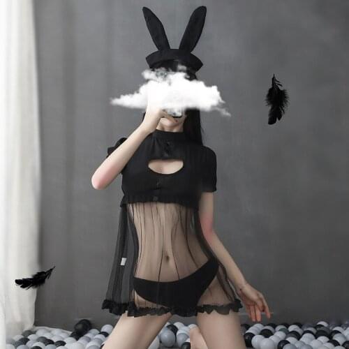 Bunny Girl Halloween Sexy Cow Cosplay Costume for Women Girls Transparent Bunny Dress Panties with Rabbit Tail Kawaii Lingerie