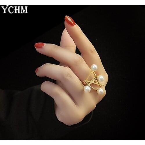 Pearl Resizable Ring For Women Stainless Steel Adjustable Open Ring Woman Statement Ring Geometric Cross Finger Ring YCHM