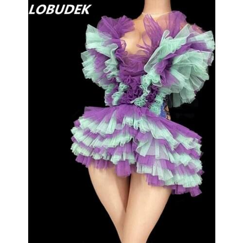 Cute Women Party Mesh Tutu Mini Dresses Splice Color Ball Gown Tulle Dress Singer Dancer Nightclub Stage Wear Sexy Dance Costume
