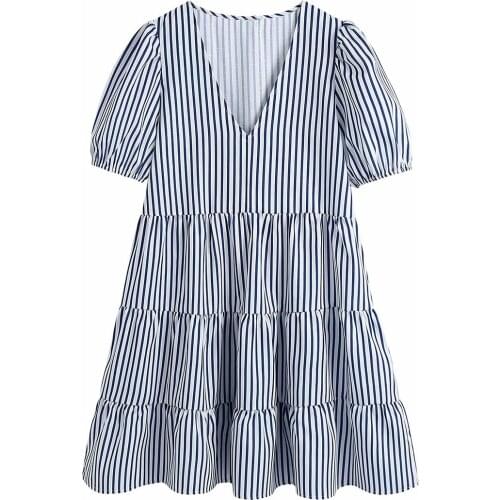 New Women Vogue Striped Patchwork Mini Dress Short Sleeve V-Neck Vintage Female Dresses Woman Robe