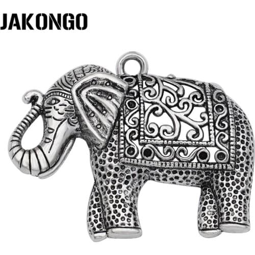 JAKONGO Antique Silver Plated Hollow Elephant Charm Pendants for Necklace DIY Handmade Jewelry Making Accessories 59x48mm 2pcs