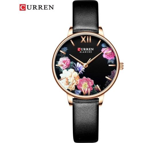 2019 Fashion Trend Flower Leather Watches CURREN Classic Black Wristwatch Female Clock Ladies Quartz Watch relogios feminino