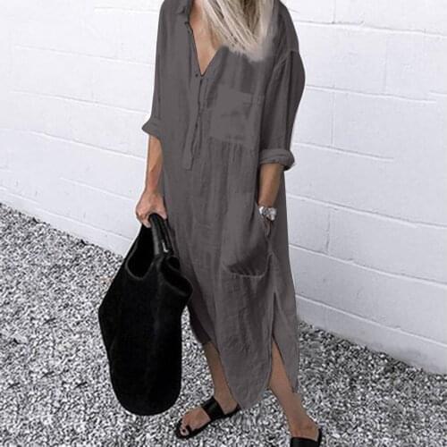 4# Cotton Linen Long Sleeve Dress women V-neck Solid Color Split Boho Dress With Pocket Button Summer Plus Size Long Dresses